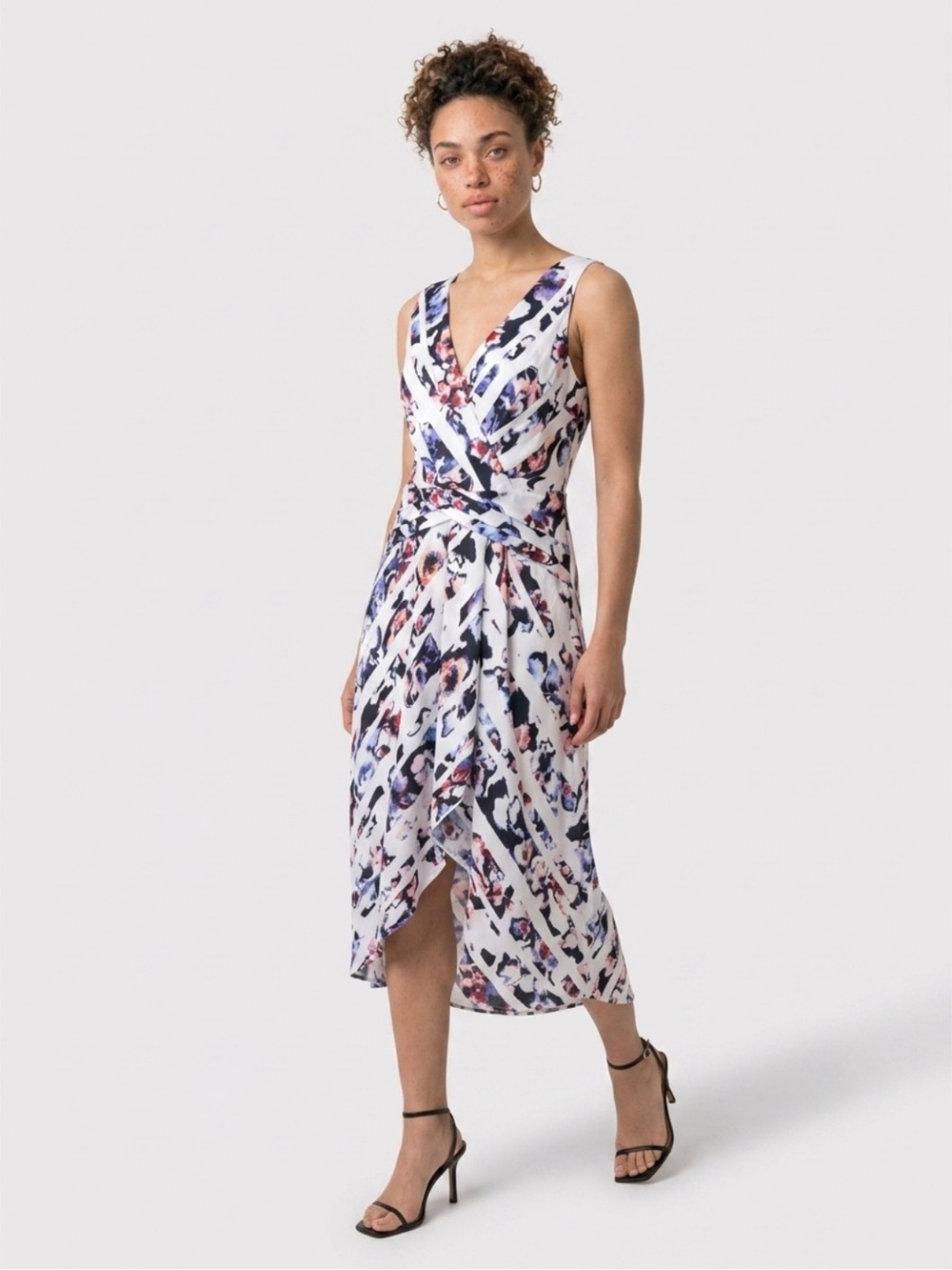 NEW WHBM Floral Striped Print High-Low Wrap Dress White Sz 8